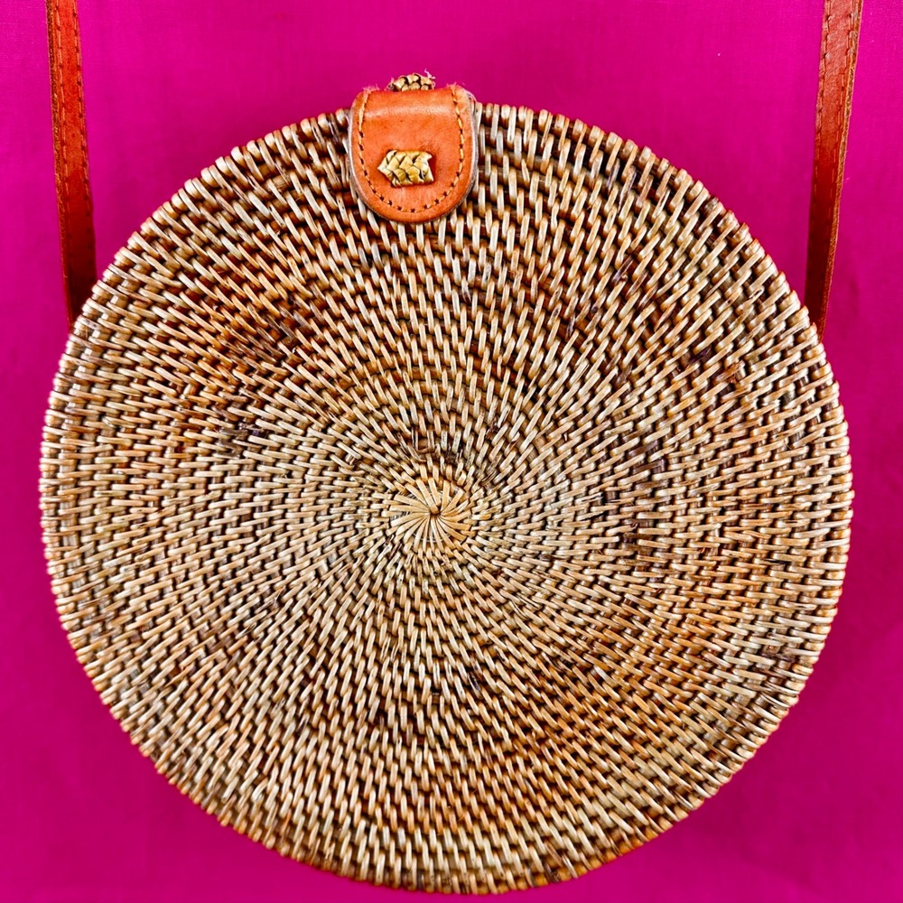 Round Rattan Wicker Woven Crossbody Shoulder‎ Bag Purse Boho Cottagecore Circle